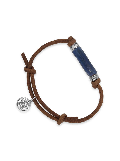 Blue Venetian Trade Bead Bracelet / Sterling Silver & 3mm Brown Leather