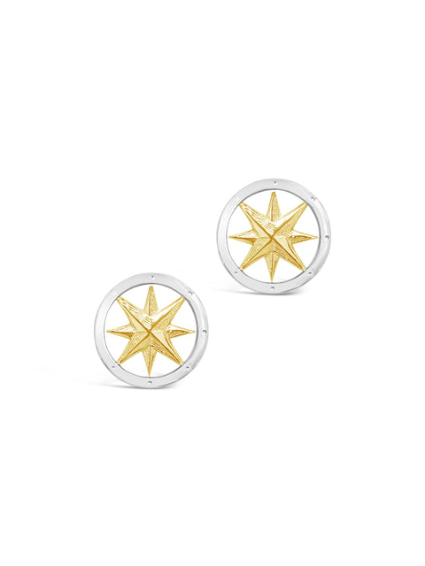 SS/14K Yellow Gold Compass Rose Stud Earrings