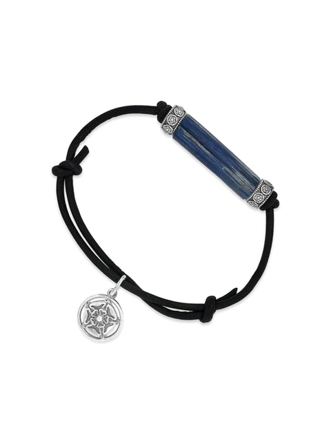 Blue Venetian Trade Bead Bracelet / Sterling Silver & 2mm Black Leather