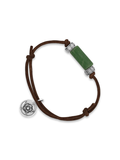 Green Venetian Trade Bead Bracelet / Sterling Silver & 2mm Brown Leather